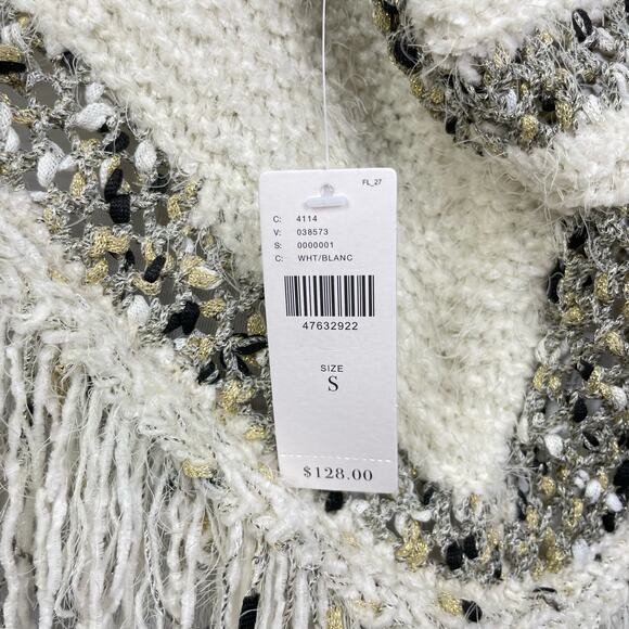 Moth | Anthropologie NWT White Soft Chunky Knit Metallic Stripe Fringe Sweater - Picture 9 of 12